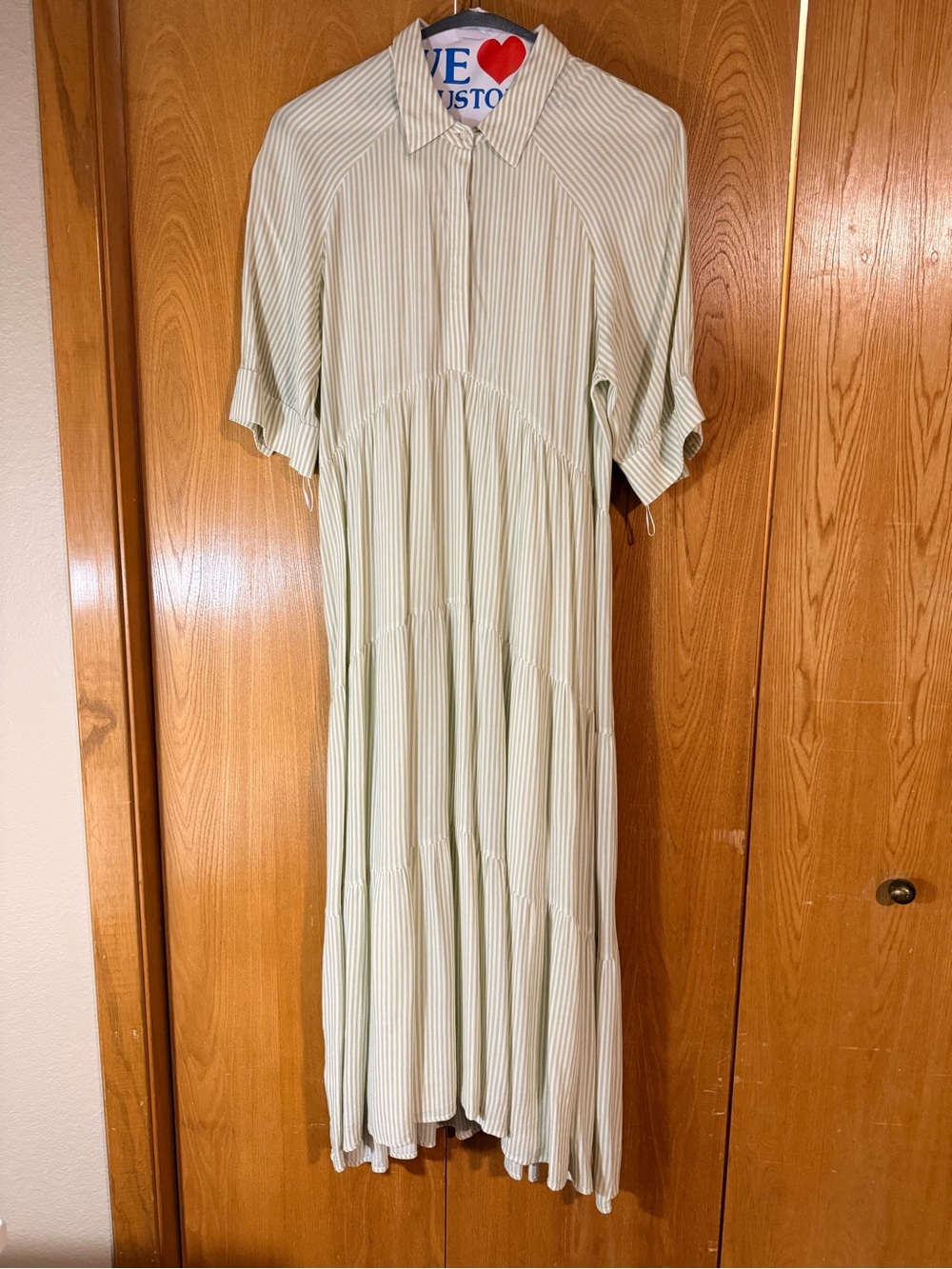 A Loves A Green Pinstripe Tiered Midi Maxi Shirt Dress